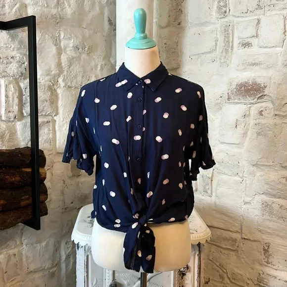 Blu Pepper Tops - Blu Pepper | Tie Front Double Polka Dot Button Up Blouse